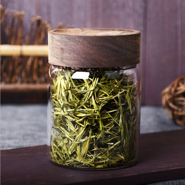 New selling transparent glass storage jars with wooden lids glass preserving jar with wooden lid