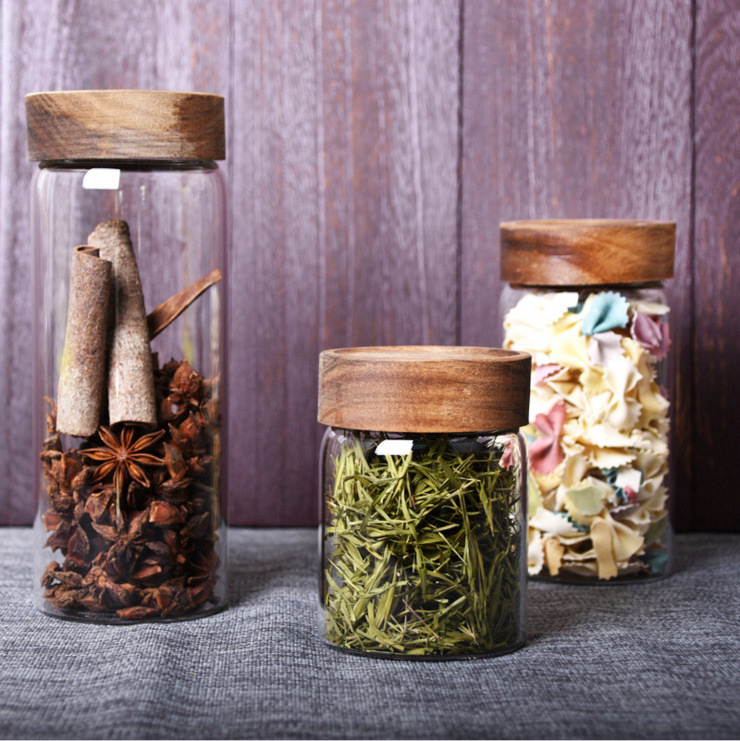 New selling transparent glass storage jars with wooden lids glass preserving jar with wooden lid