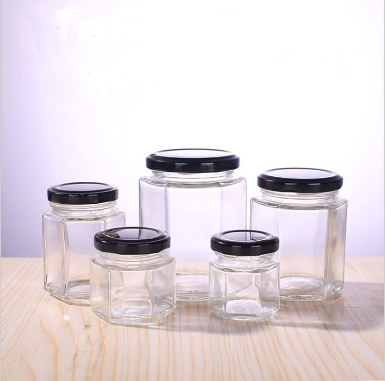 New style 2021 Empty honey jars glass hexagonal with Metal lid 280ml 380ml 500ml 730ml