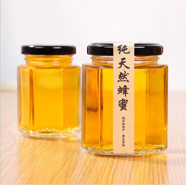 New style 2021 Empty honey jars glass hexagonal with Metal lid 280ml 380ml 500ml 730ml