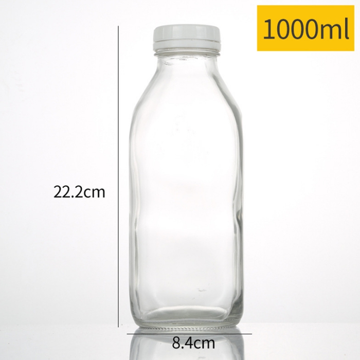 New style 300ml 500ml 1000ml square Glass bottle with plastic cap for milk juice coffee