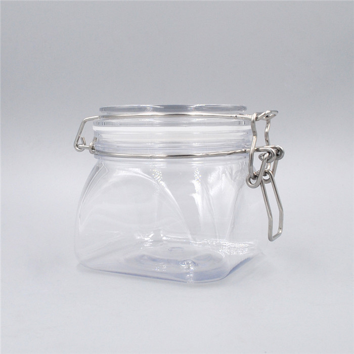 New style hot sale top quality 200ml square plastic jar 200cc pet clip bail pot with metal clasp closure