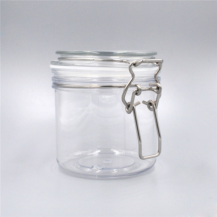 New style hot sale top quality 200ml square plastic jar 200cc pet clip bail pot with metal clasp closure