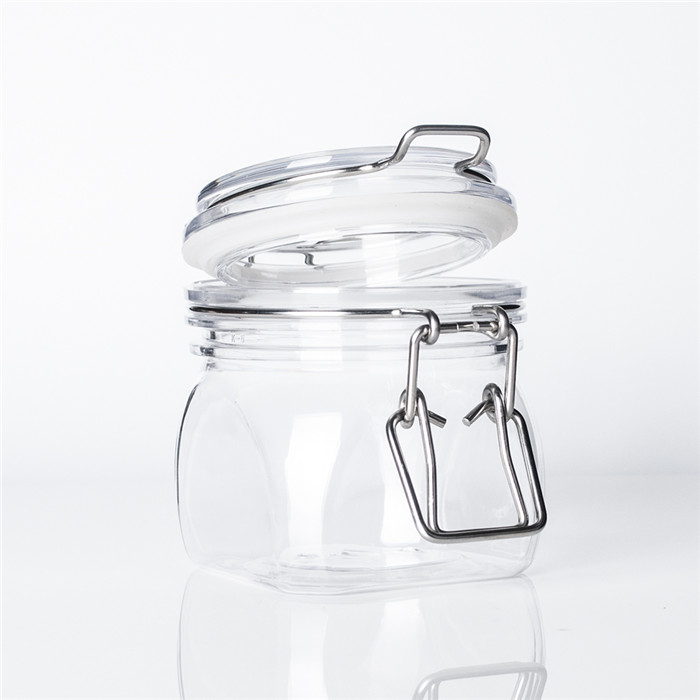 New style hot sale top quality 200ml square plastic jar 200cc pet clip bail pot with metal clasp closure