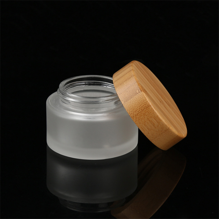 Newest Wood grain glass cosmetics frosted cream empty jar bamboo lid cosmetic jar