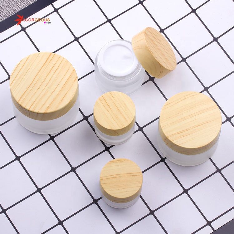 Newest Wood grain glass cosmetics frosted cream empty jar bamboo lid cosmetic jar