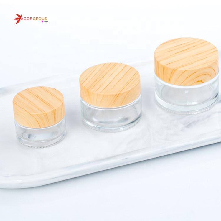 Newest Wood grain glass cosmetics frosted cream empty jar bamboo lid cosmetic jar