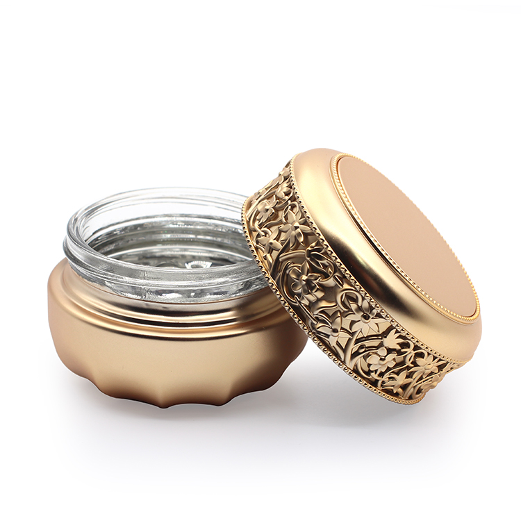 Newly design empty luxury glass cosmetic jar skin care set 30g 50g cosmetic container gold stamping embossment eye cream jar