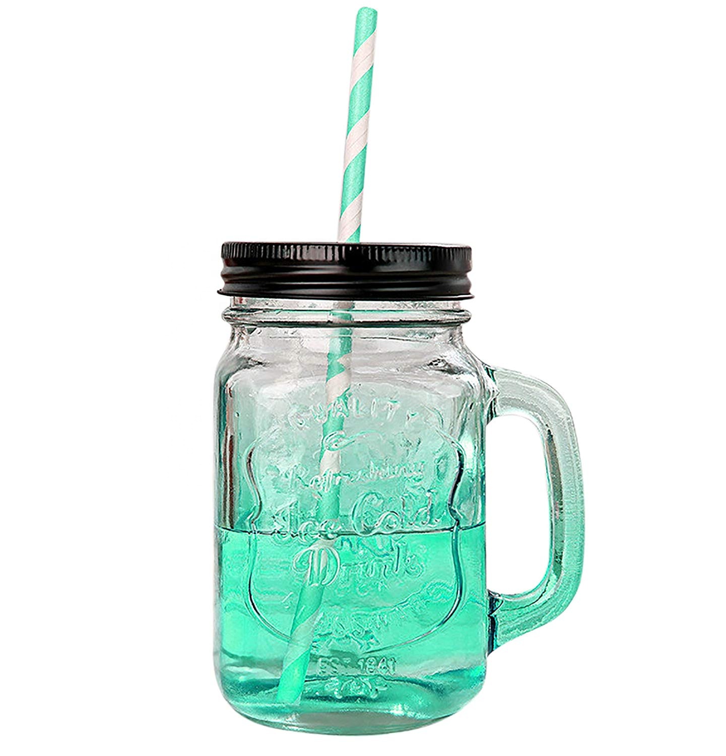 Nice colored 4oz 12oz 16oz glass mason jar with handle and metal lid and straws