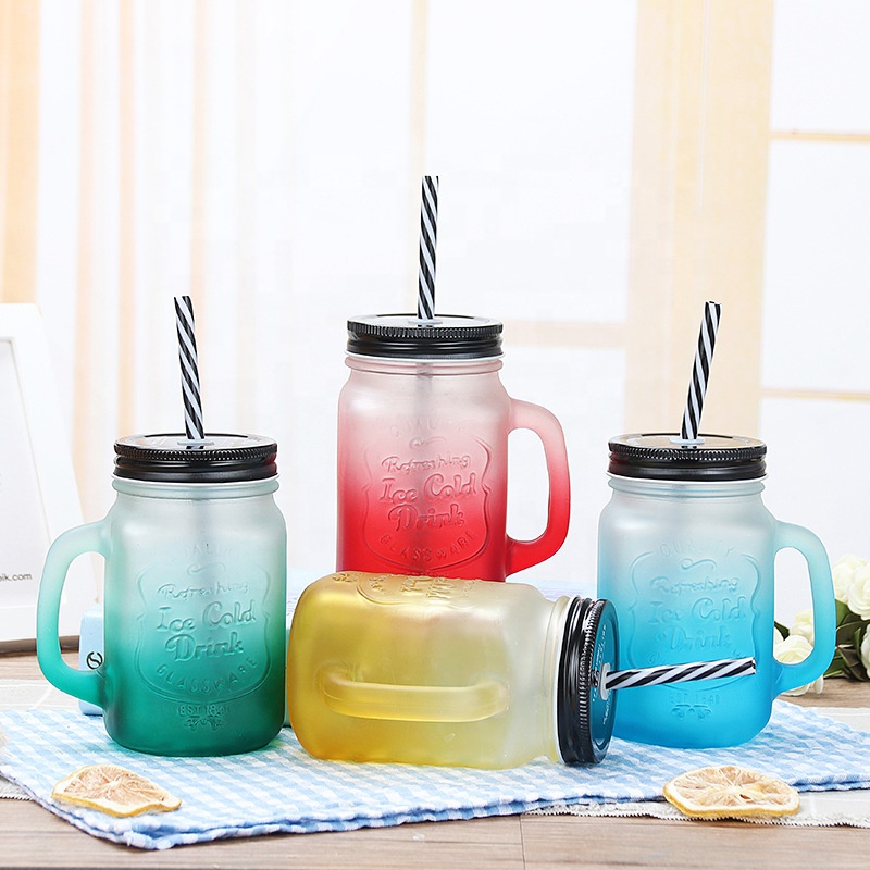 Nice colored 4oz 12oz 16oz glass mason jar with handle and metal lid and straws