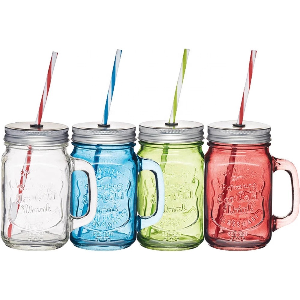Nice colored 4oz 12oz 16oz glass mason jar with handle and metal lid and straws