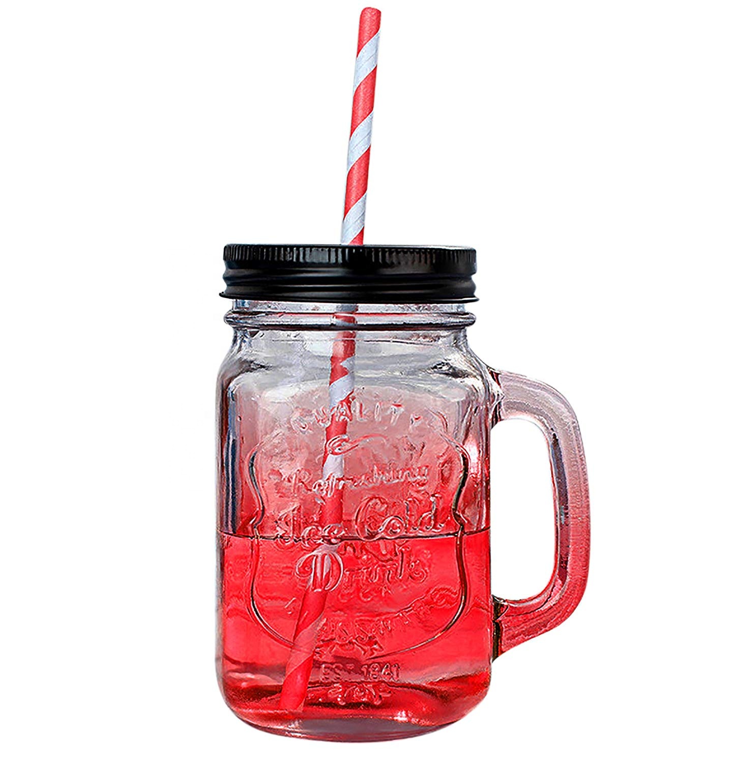 Nice colored 4oz 12oz 16oz glass mason jar with handle and metal lid and straws