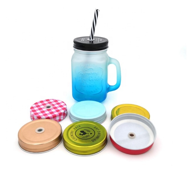 Nice colored 4oz 12oz 16oz glass mason jar with handle and metal lid and straws