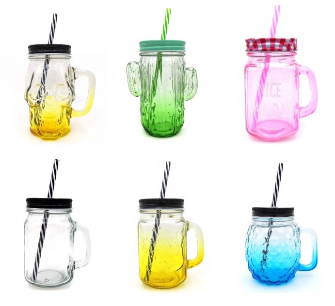 Nice colored 4oz 12oz 16oz glass mason jar with handle and metal lid and straws