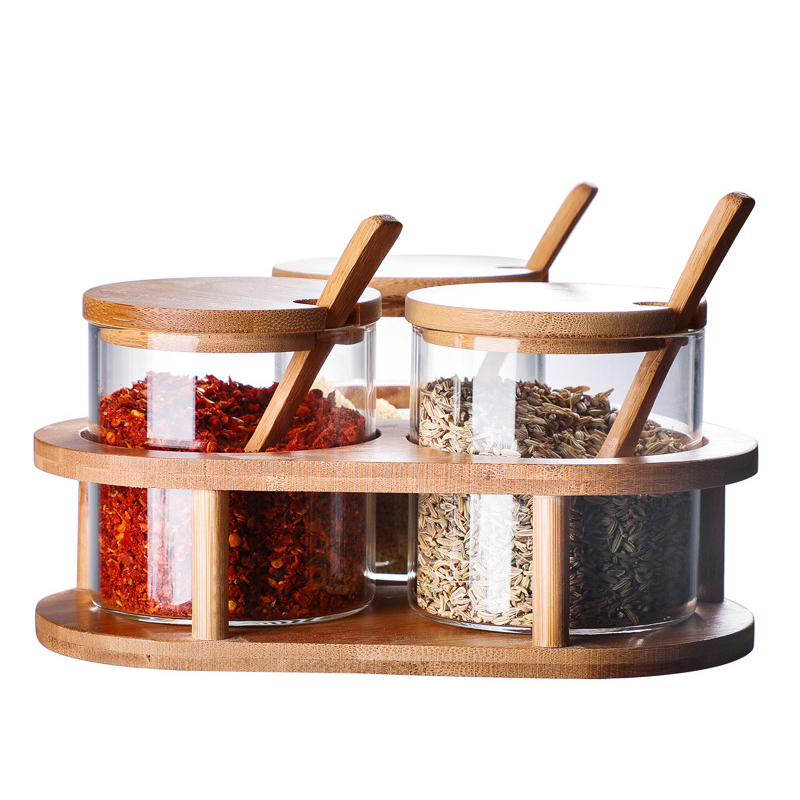 Nordic borosilicate glass spice jar set wood rack seasoning spice jar with wooden lid kitchen accessories