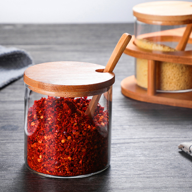 Nordic borosilicate glass spice jar set wood rack seasoning spice jar with wooden lid kitchen accessories