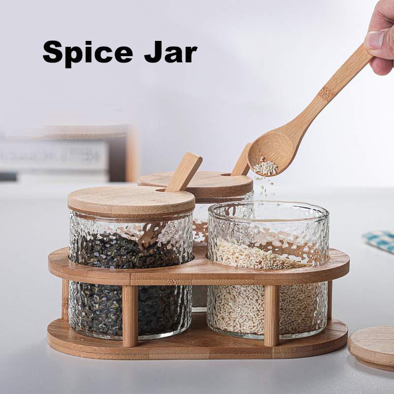 Nordic borosilicate glass spice jar set wood rack seasoning spice jar with wooden lid kitchen accessories
