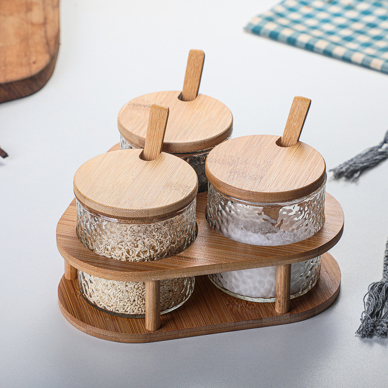 Nordic borosilicate glass spice jar set wood rack seasoning spice jar with wooden lid kitchen accessories