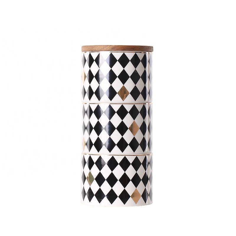 Nordic creative geometric pattern three-layer ceramic airtight pot multi-grain coffee tea storage jar