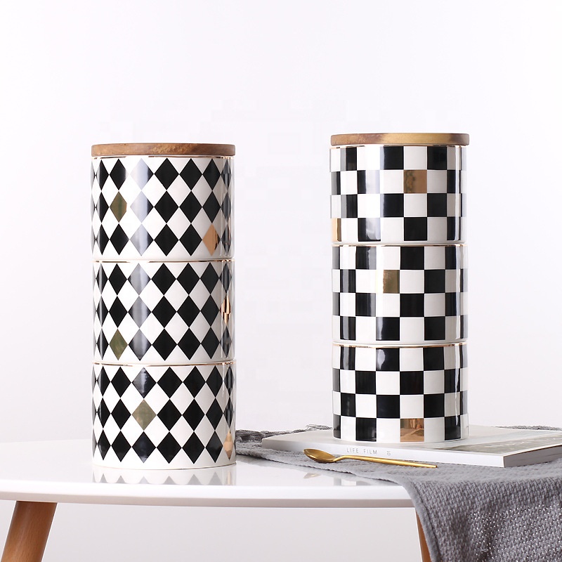 Nordic creative geometric pattern three-layer ceramic airtight pot multi-grain coffee tea storage jar