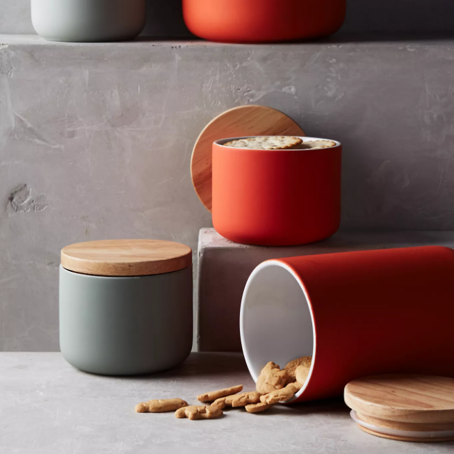 Nordic simple matte color glaze cylinder ceramic jars kitchen food storage jar with wooden lid