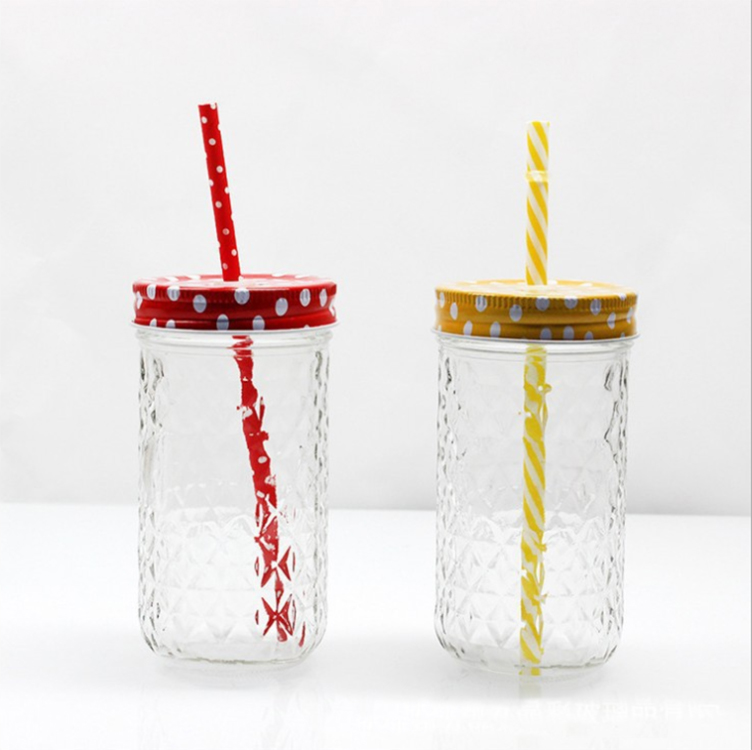 Nordic style pattern glass mason bottle beverage with straw 250ml 500ml