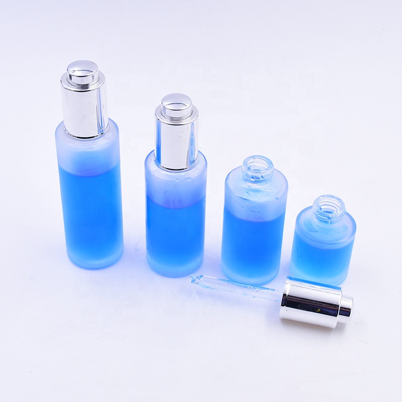 OEM 100 ml clear frosted flat shoulder glass bottle essential oil perfume cosmetic packing with press dropper