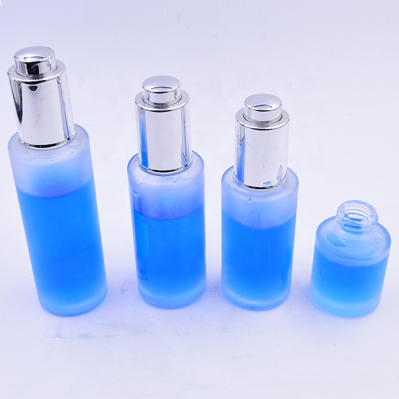 OEM 100 ml clear frosted flat shoulder glass bottle essential oil perfume cosmetic packing with press dropper