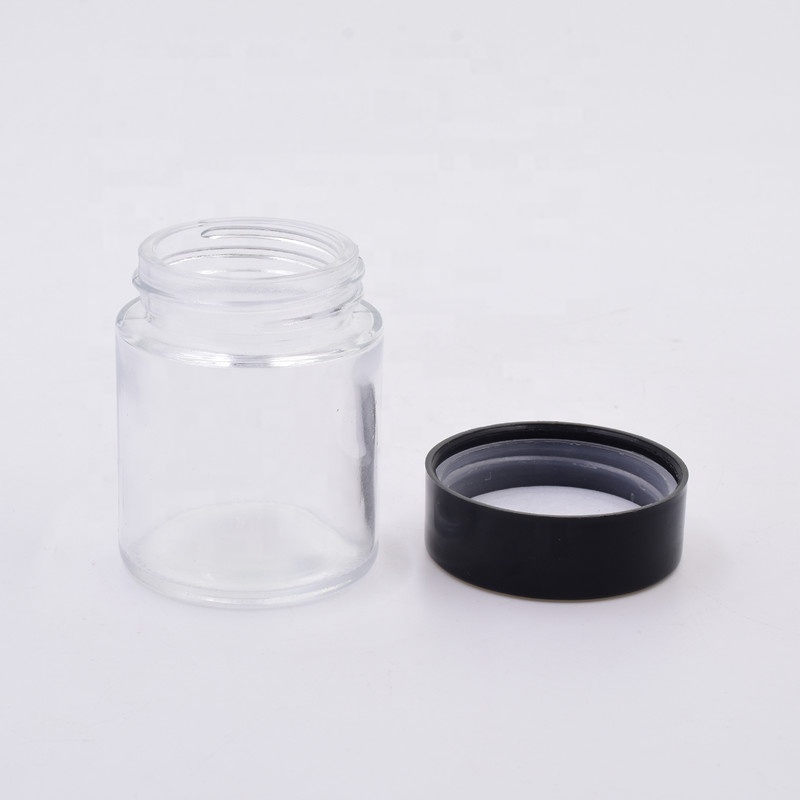OEM 180 ml clear round glass straight side food storage snacks scented tea jar with plastic child proof lid.