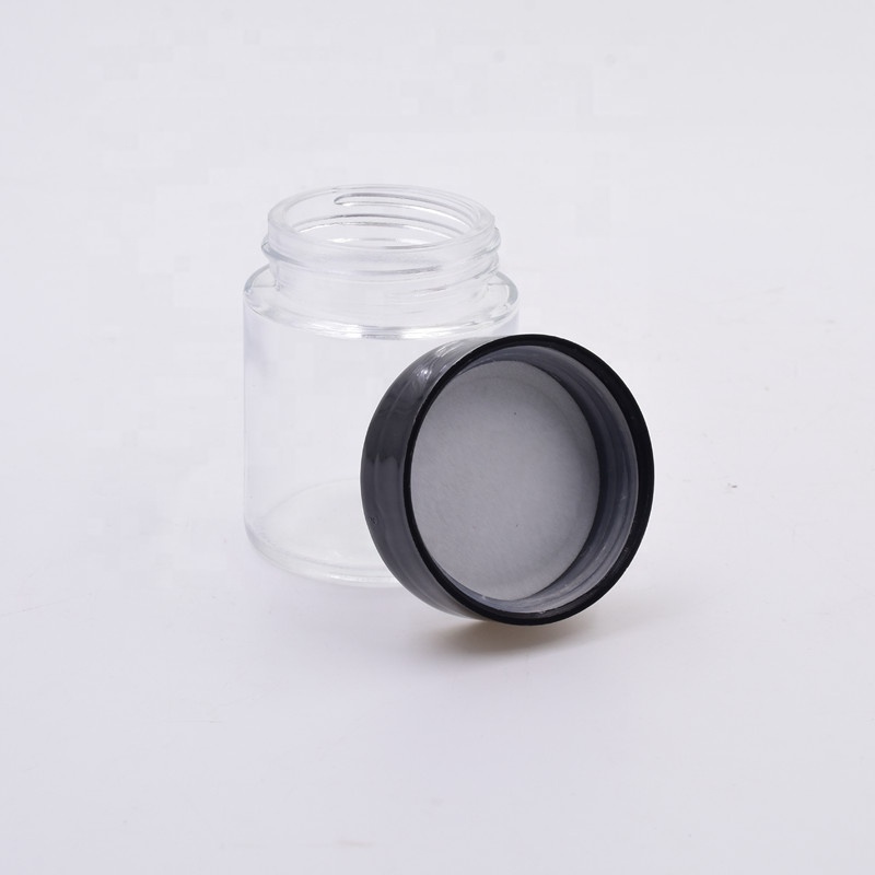 OEM 180 ml clear round glass straight side food storage snacks scented tea jar with plastic child proof lid.
