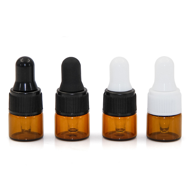 OEM 1ml 2ml 3ml 5ml glass amber essential oil dropper bottle cosmetic perfume oil small vial with black white dropper in stock
