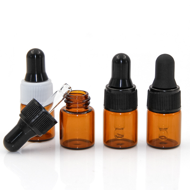 OEM 1ml 2ml 3ml 5ml glass amber essential oil dropper bottle cosmetic perfume oil small vial with black white dropper in stock