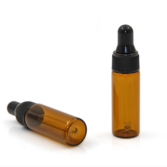 OEM 1ml 2ml 3ml 5ml glass amber essential oil dropper bottle cosmetic perfume oil small vial with black white dropper in stock
