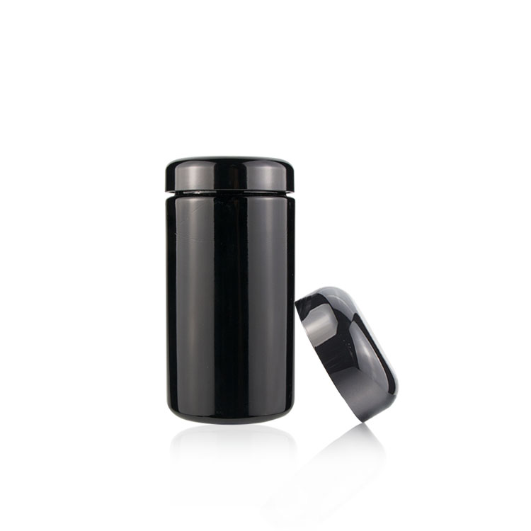OEM 250 ml Refillable Dry Herb Weed Black UV Smell Proof Ultraviolet Glass Screw Top Container Jar with Airtight lids