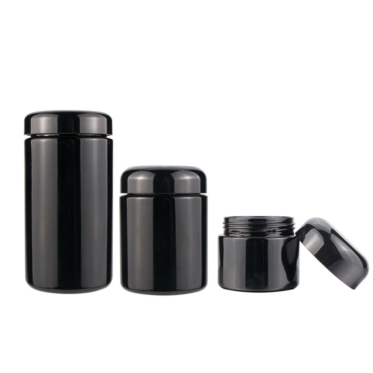 OEM 250 ml Refillable Dry Herb Weed Black UV Smell Proof Ultraviolet Glass Screw Top Container Jar with Airtight lids