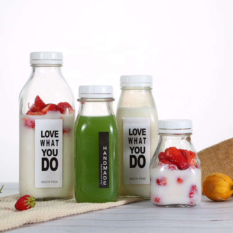 OEM 300ml 500ml Juice Beverage Milk Coffee Tea French Square Glass Bottles With PP Lid
