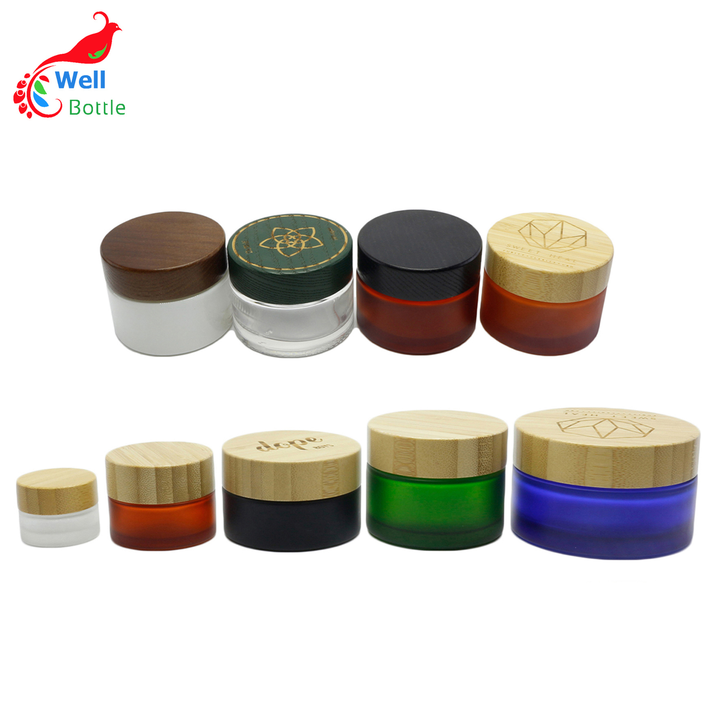 OEM 5ml 15ml 30ml Bamboo Cover Jar glass 50ml 100ml Cosmetic Cream Jar for Skin Care J002E