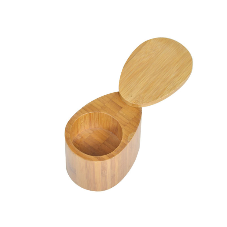 OEM Custom Logo Brown Bamboo Salt Cellar Wood Round Salt Box Spice Box with Swivel Cover
