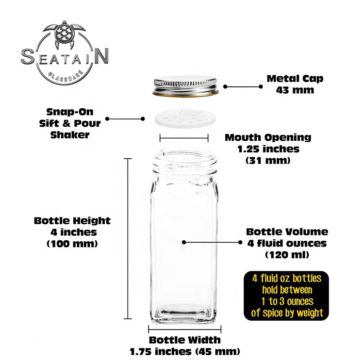 OEM Empty Clear 120ml Square Pepper Glass Bottle 4oz Spice Jar With Shaker With Screw Lid