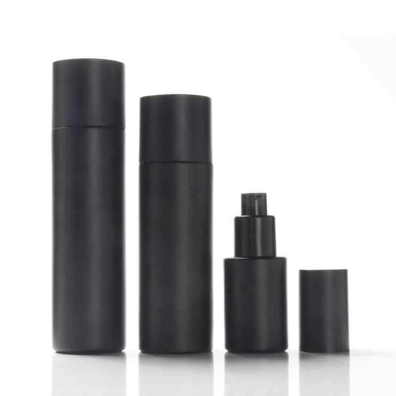 OEM ODM Frosted black cosmetic jar set glass bottle skin care packaging container