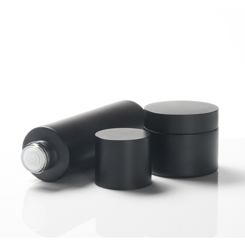 OEM ODM Frosted black cosmetic jar set glass bottle skin care packaging container