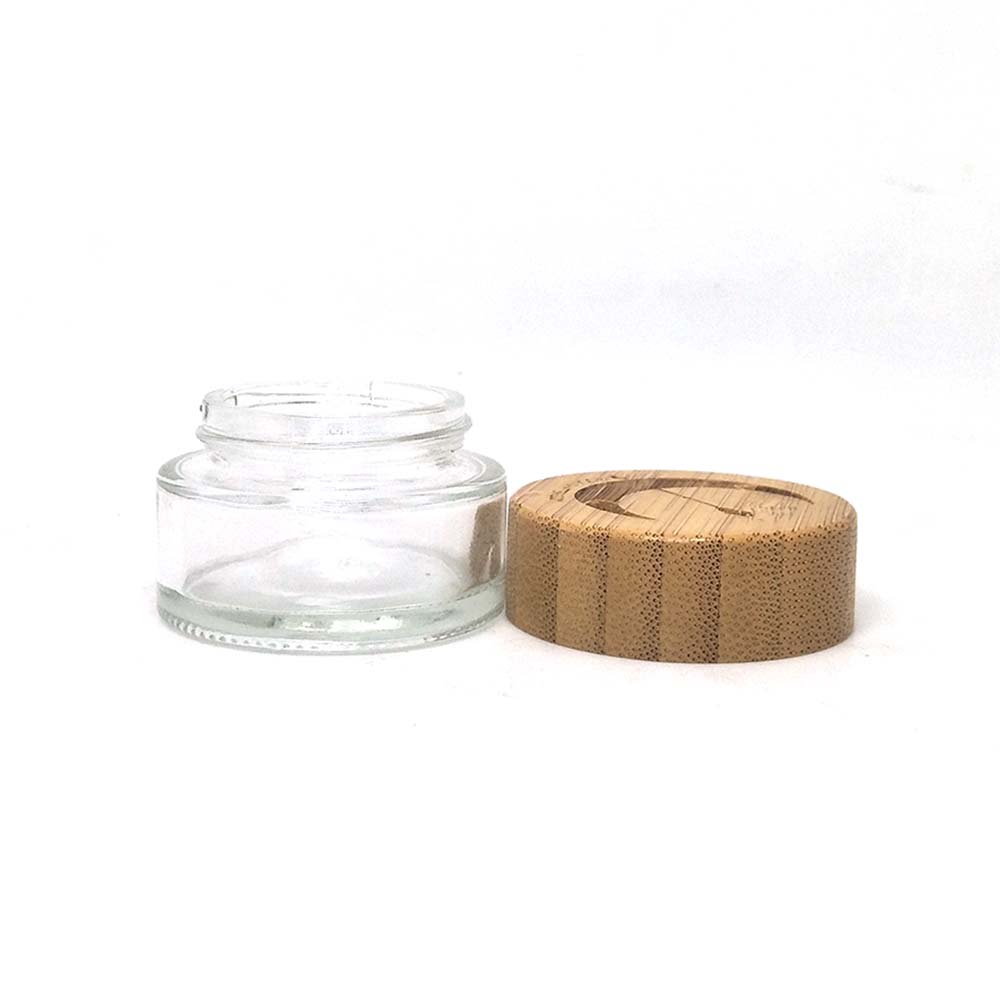 OEM ODM engraved printing logo Cosmetic clear frosted glass jar with bamboo wood cover for body cream