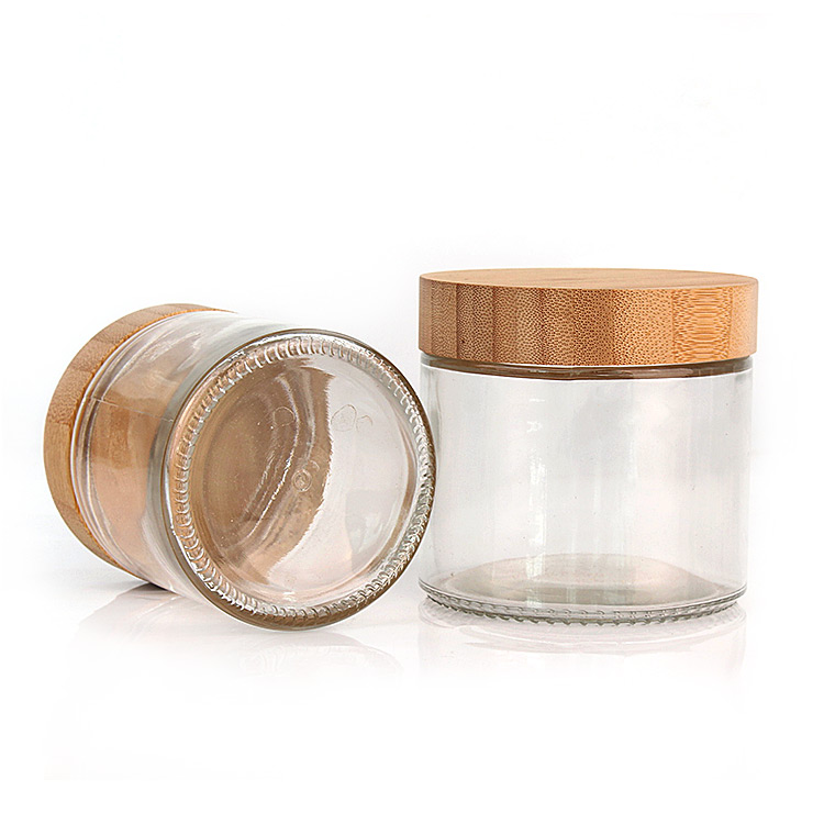 OEM ODM kitchen 420ml clear round glass storage jar container with bamboo lid