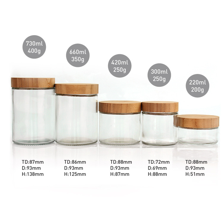 OEM ODM kitchen 420ml clear round glass storage jar container with bamboo lid