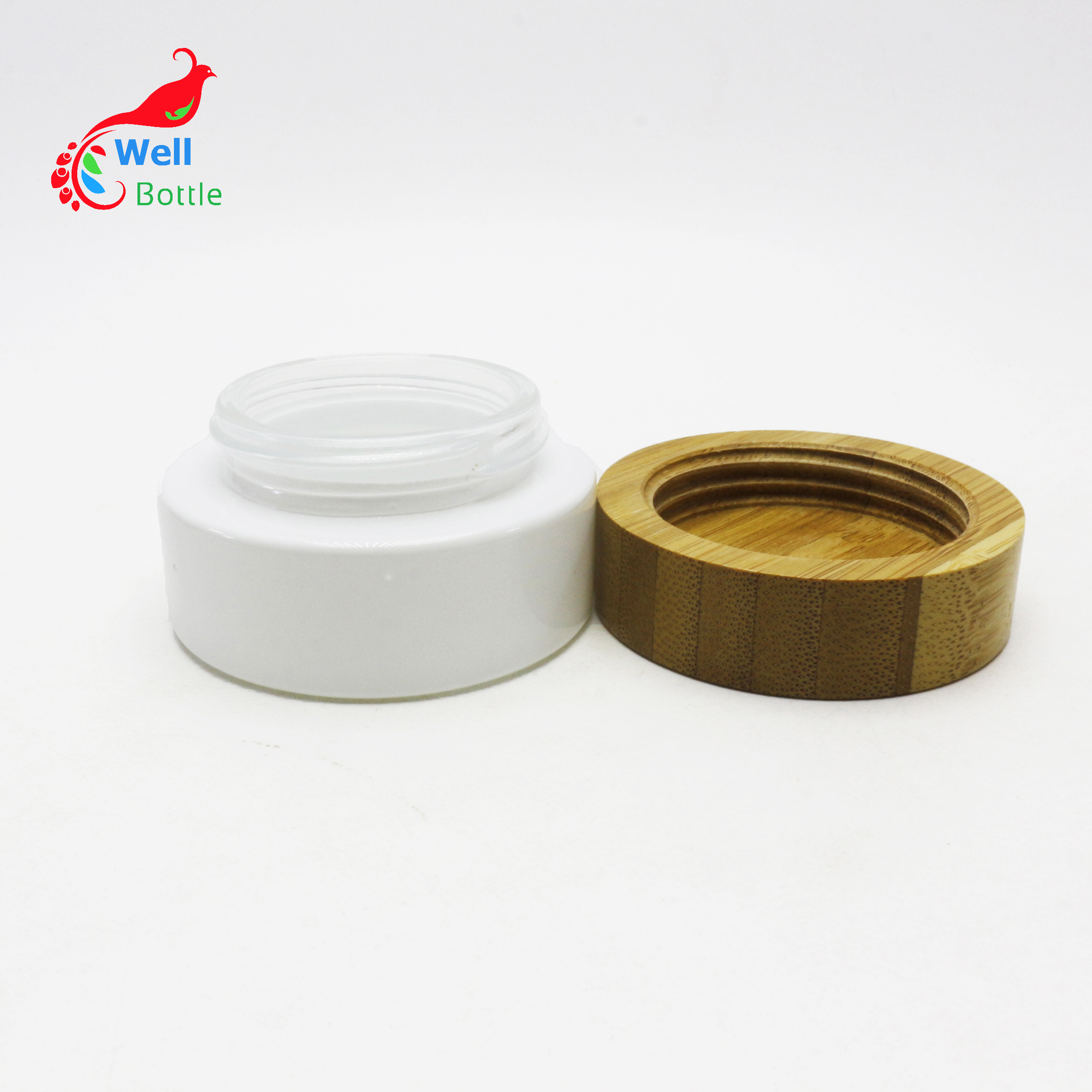 OEM Popular 30 ml white glass jars bamboo lids glass container cream pots for CBD essence J103E