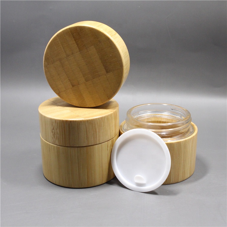 OEM Print logo bamboo cosmetic packaging body butter bamboo jar glass inner for skin care cream