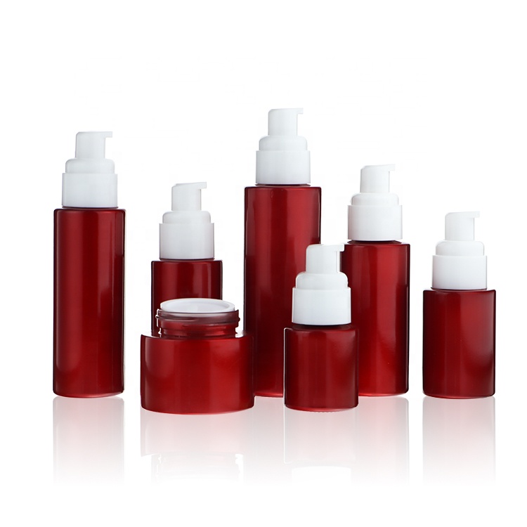 OEM Private Label Refillable Frosted Red 30ml 50ml Pump Cosmetics Glass Serum Lotion Bottle And Jars