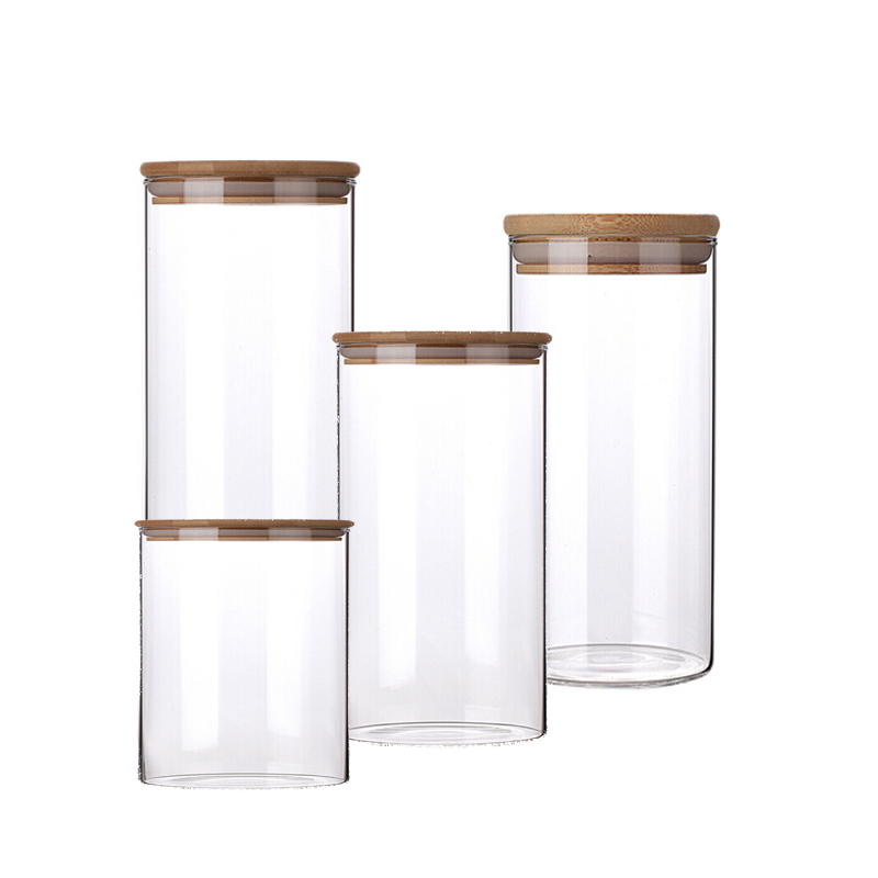 OEM Size Airtight High Borosilicate Round Glass Food Storage Container Jars with bamboo lids