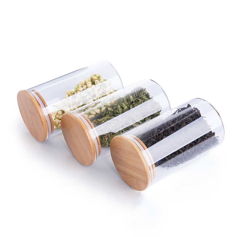 OEM Size Airtight High Borosilicate Round Glass Food Storage Container Jars with bamboo lids