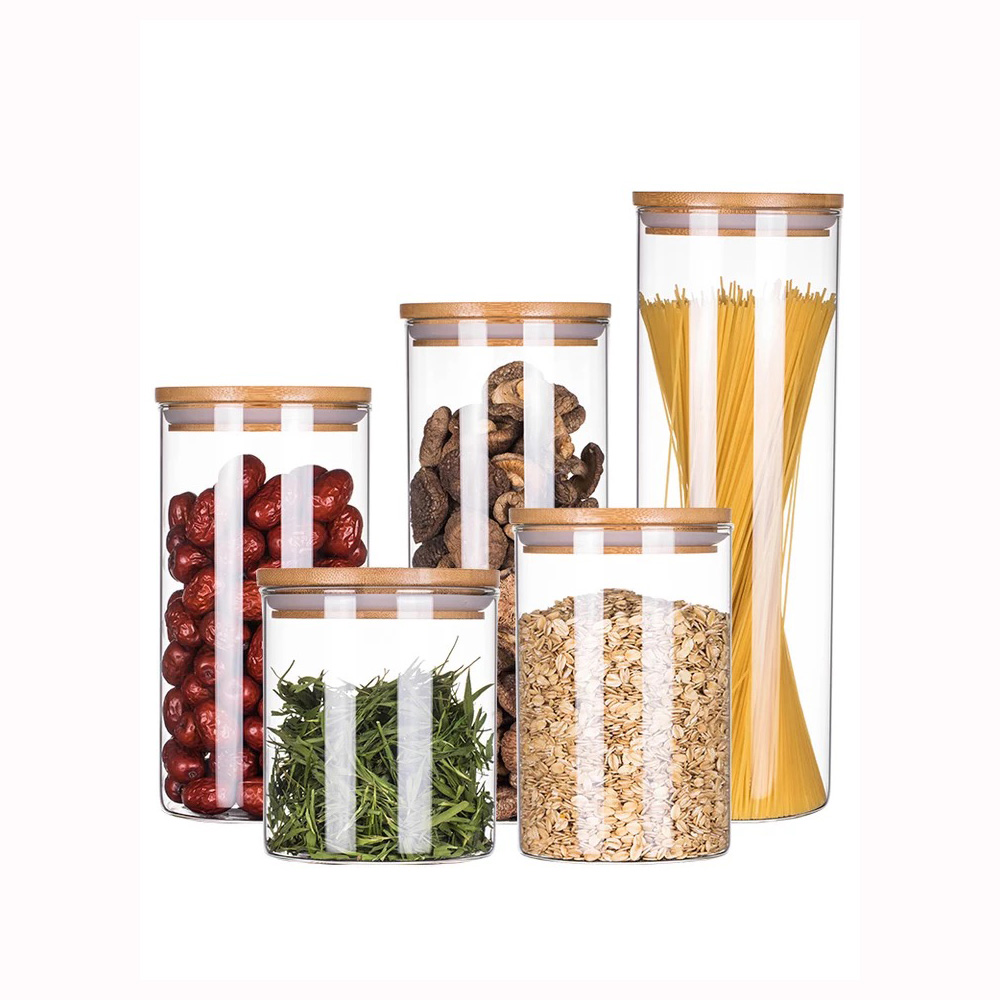 OEM Size Airtight High Borosilicate Round Glass Food Storage Container Jars with bamboo lids